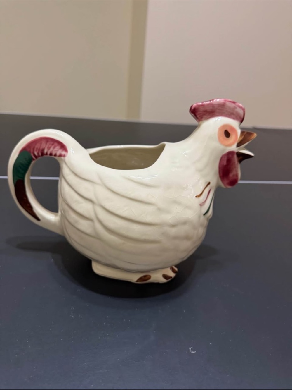 Cream Ceramic Hen Pitcher Creamer with Red Accents